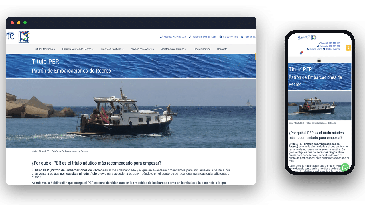 Web de Avante Cursos en ordenador y móvil, por PW4U