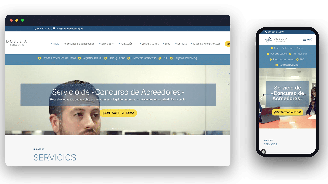 Web de Doble A en ordenador y móvil, por PW4U
